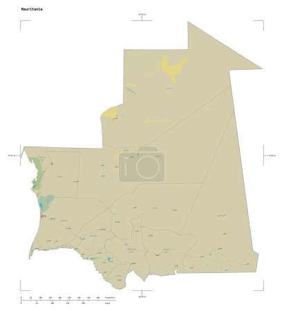 Photo for Shape of a topographic, OSM Humanitarian style map of the Mauritania, with distance scale and map border coordinates, isolated on white - Royalty Free Image