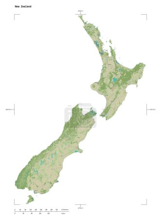 Photo for Shape of a topographic, OSM Humanitarian style map of the New Zealand, with distance scale and map border coordinates, isolated on white - Royalty Free Image