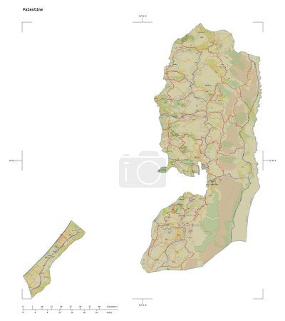 Téléchargez les photos : Forme d'une carte topographique de style humanitaire OSM de la Palestine, avec échelle de distance et coordonnées de frontière de carte, isolée sur blanc - en image libre de droit