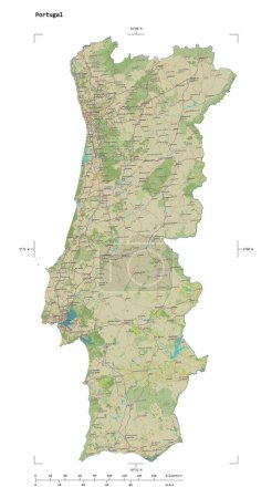 Téléchargez les photos : Forme d'une carte topographique de style humanitaire OSM du Portugal, avec échelle de distance et coordonnées de frontière de carte, isolée sur blanc - en image libre de droit