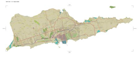 Téléchargez les photos : Forme d'une carte topographique de style humanitaire OSM de Sainte Croix - Îles Vierges américaines, avec échelle de distance et coordonnées de la frontière de la carte, isolée sur blanc - en image libre de droit