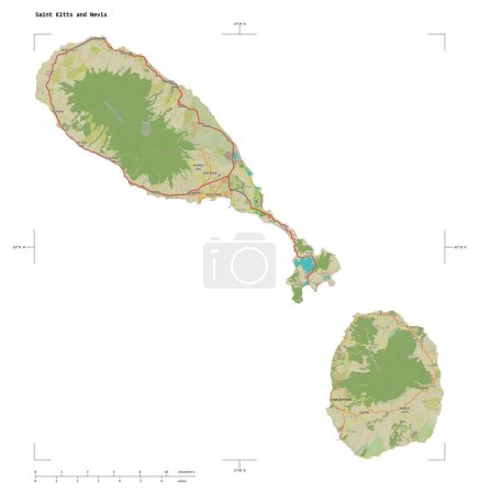 Shape of a topographic, OSM Humanitarian style map of the Saint Kitts and Nevis, with distance scale and map border coordinates, isolated on white