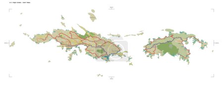 Photo for Shape of a topographic, OSM Humanitarian style map of the U.S. Virgin Islands - Saint Thomas, with distance scale and map border coordinates, isolated on white - Royalty Free Image