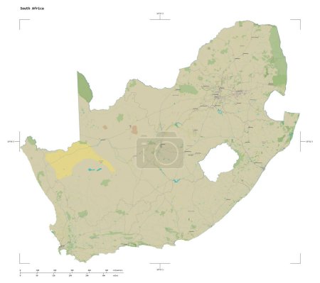 Photo for Shape of a topographic, OSM Humanitarian style map of the South Africa, with distance scale and map border coordinates, isolated on white - Royalty Free Image