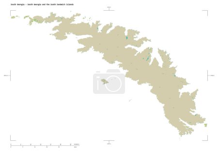 Foto de Forma de un mapa topográfico de estilo humanitario OSM de Georgia del Sur - Georgia del Sur y las Islas Sandwich del Sur, con coordenadas fronterizas de escala de distancia y mapa, aislado en blanco - Imagen libre de derechos