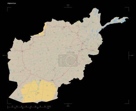 Form einer topographischen, OSM-Deutschland-artigen Afghanistan-Karte, mit Entfernungsmaßstab und Kartengrenzkoordinaten, isoliert auf schwarz