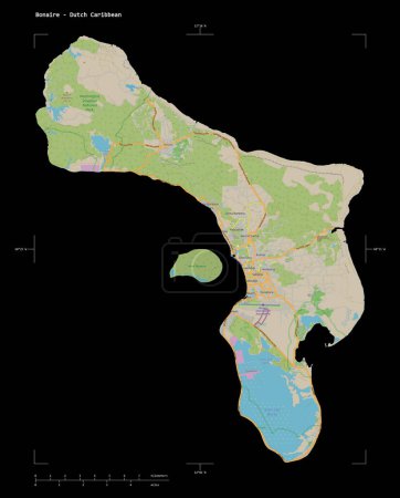 Form einer topographischen OSM-Deutschlandkarte der Bonaire - Niederländischen Karibik, mit Entfernungsmaßstab und Kartenrandkoordinaten, isoliert auf schwarz