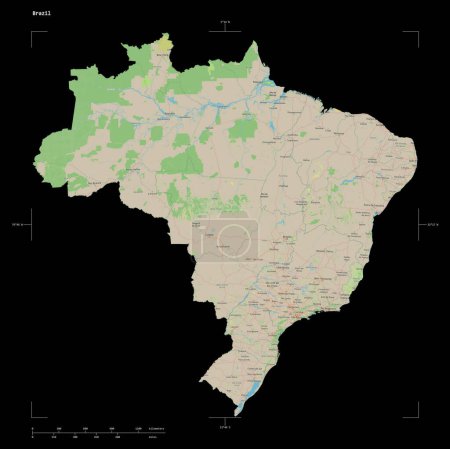 Photo for Shape of a topographic, OSM Germany style map of the Brazil, with distance scale and map border coordinates, isolated on black - Royalty Free Image