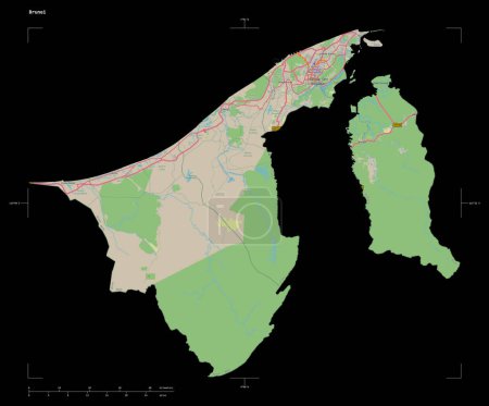 Form einer topographischen OSM-Deutschland-Karte von Brunei, mit Entfernungsmaßstab und Kartenrandkoordinaten, isoliert auf schwarz