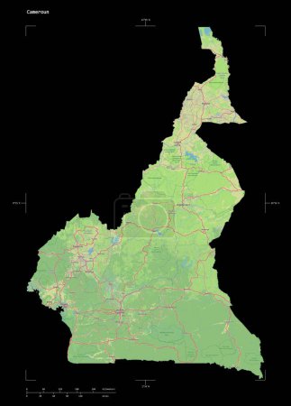 Shape of a topographic, OSM Germany style map of the Cameroun, with distance scale and map border coordinates, isolated on black