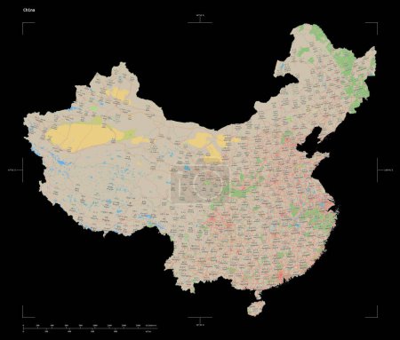 Shape of a topographic, OSM Germany style map of the China, with distance scale and map border coordinates, isolated on black