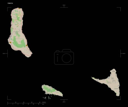 Photo for Shape of a topographic, OSM Germany style map of the Comoros, with distance scale and map border coordinates, isolated on black - Royalty Free Image
