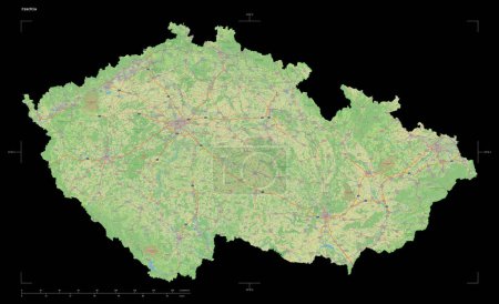 Shape of a topographic, OSM Germany style map of the Czechia, with distance scale and map border coordinates, isolated on black