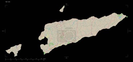Shape of a topographic, OSM Germany style map of the Timor Leste, with distance scale and map border coordinates, isolated on black