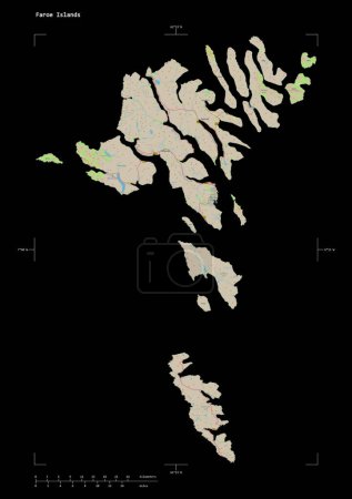 Shape of a topographic, OSM Germany style map of the Faroe Islands, with distance scale and map border coordinates, isolated on black