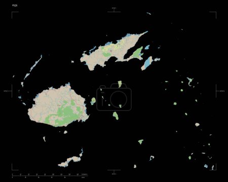 Photo for Shape of a topographic, OSM Germany style map of the Fiji, with distance scale and map border coordinates, isolated on black - Royalty Free Image