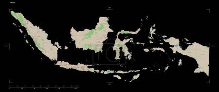 Photo for Shape of a topographic, OSM Germany style map of the Indonesia, with distance scale and map border coordinates, isolated on black - Royalty Free Image