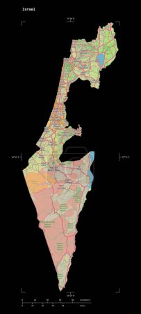 Shape of a topographic, OSM Germany style map of the Israel, with distance scale and map border coordinates, isolated on black