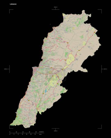Photo for Shape of a topographic, OSM Germany style map of the Lebanon, with distance scale and map border coordinates, isolated on black - Royalty Free Image