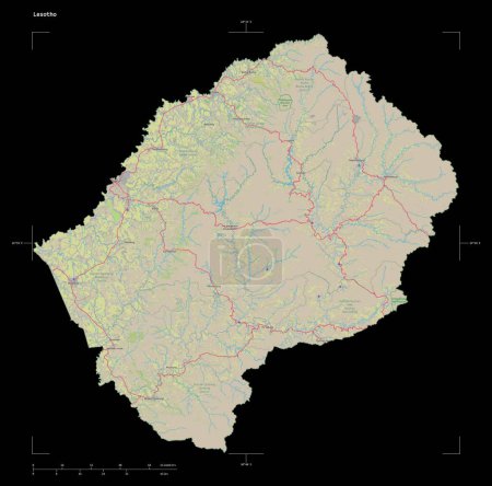 Foto de Forma de un mapa topográfico, estilo OSM Alemania del Lesotho, con escala de distancia y coordenadas del borde del mapa, aislado en negro - Imagen libre de derechos
