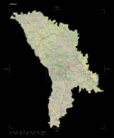 Téléchargez les photos : Forme d'une carte topographique, de style OSM Allemagne de la Moldavie, avec échelle de distance et coordonnées de frontière de carte, isolé sur noir - en image libre de droit
