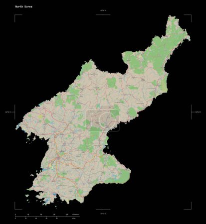 Form einer topographischen Karte im OSM-Deutschland-Stil von Nordkorea, mit Entfernungsskala und Kartengrenzkoordinaten, isoliert auf schwarz