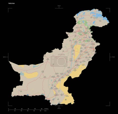 Photo for Shape of a topographic, OSM Germany style map of the Pakistan, with distance scale and map border coordinates, isolated on black - Royalty Free Image