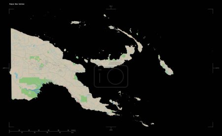 Photo for Shape of a topographic, OSM Germany style map of the Papua New Guinea, with distance scale and map border coordinates, isolated on black - Royalty Free Image
