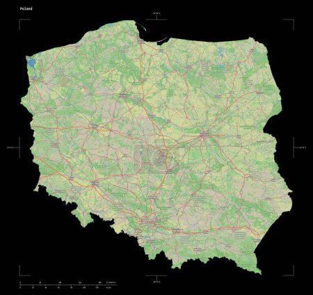 Shape of a topographic, OSM Germany style map of the Poland, with distance scale and map border coordinates, isolated on black