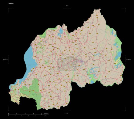 Shape of a topographic, OSM Germany style map of the Rwanda, with distance scale and map border coordinates, isolated on black