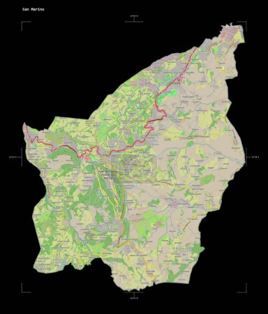 Shape of a topographic, OSM Germany style map of the San Marino, with distance scale and map border coordinates, isolated on black