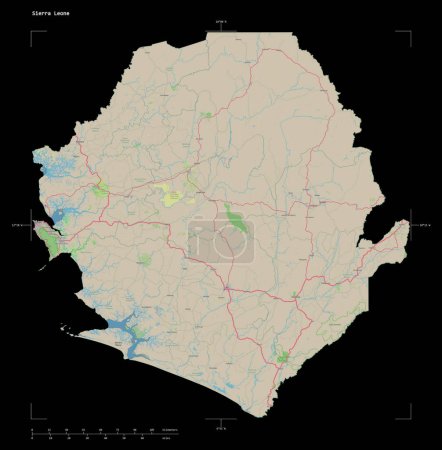Forme d'une carte topographique de style OSM Allemagne de la Sierra Leone, avec échelle de distance et coordonnées de frontière de carte, isolé sur noir