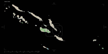 Shape of a topographic, OSM Germany style map of the Solomon Islands, with distance scale and map border coordinates, isolated on black