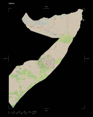 Shape of a topographic, OSM Germany style map of the Somalia, with distance scale and map border coordinates, isolated on black
