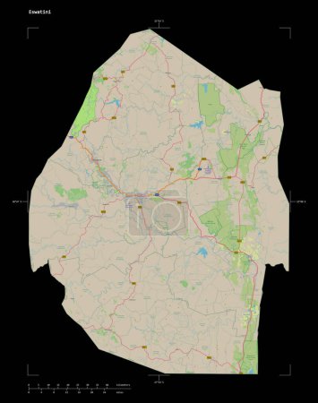 Form einer topographischen OSM-Deutschland-Karte der Swatini, mit Entfernungsskala und Kartenrandkoordinaten, isoliert auf schwarz