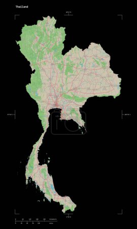 Shape of a topographic, OSM Germany style map of the Thailand, with distance scale and map border coordinates, isolated on black