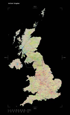 Shape of a topographic, OSM Germany style map of the United Kingdom, with distance scale and map border coordinates, isolated on black