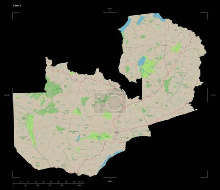 Photo for Shape of a topographic, OSM Germany style map of the Zambia, with distance scale and map border coordinates, isolated on black - Royalty Free Image