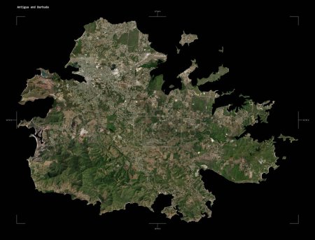 Téléchargez les photos : Forme d'une carte satellite à haute résolution de l'Antigua-et-Barbuda, avec échelle de distance et coordonnées de la frontière de la carte, isolé sur noir - en image libre de droit
