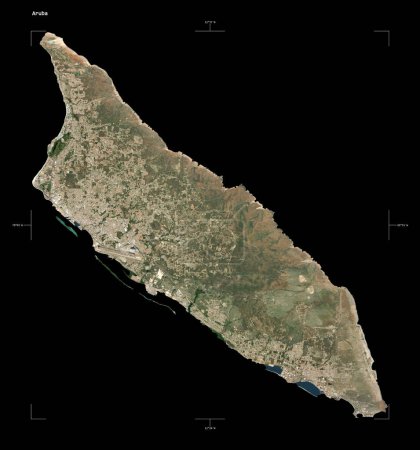 Shape of a high resolution satellite map of the Aruba, with distance scale and map border coordinates, isolated on black