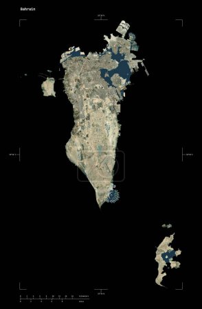 Photo for Shape of a high resolution satellite map of the Bahrain, with distance scale and map border coordinates, isolated on black - Royalty Free Image