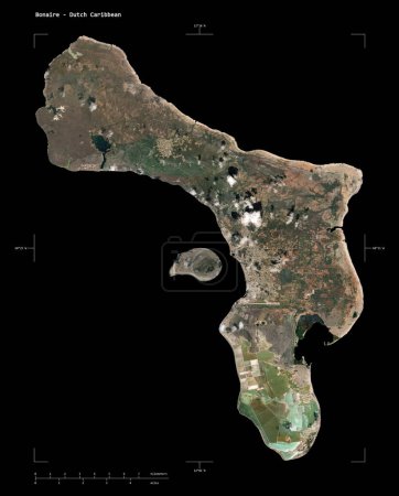 Shape of a high resolution satellite map of the Bonaire - Dutch Caribbean, with distance scale and map border coordinates, isolated on black