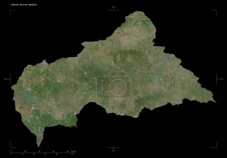 Forme d'une carte satellite à haute résolution de la République centrafricaine, avec échelle de distance et coordonnées de frontière de carte, isolé sur noir