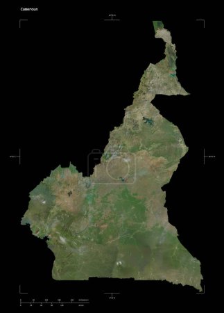 Shape of a high resolution satellite map of the Cameroun, with distance scale and map border coordinates, isolated on black