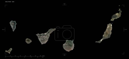 Shape of a high resolution satellite map of the Canary Islands - Spain, with distance scale and map border coordinates, isolated on black