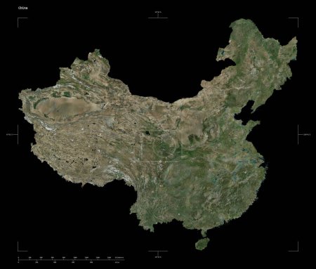 Shape of a high resolution satellite map of the China, with distance scale and map border coordinates, isolated on black