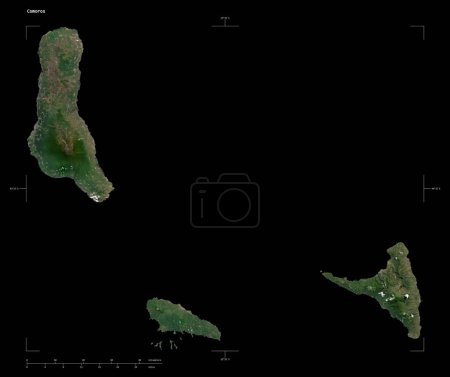 Photo for Shape of a high resolution satellite map of the Comoros, with distance scale and map border coordinates, isolated on black - Royalty Free Image