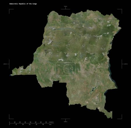 Forma de un mapa satelital de alta resolución de la República Democrática del Congo, con coordenadas fronterizas de escala y mapa de distancia, aislado en negro