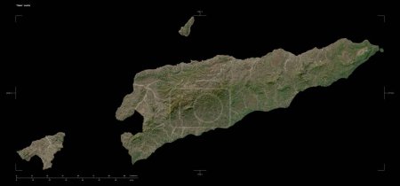 Shape of a high resolution satellite map of the Timor Leste, with distance scale and map border coordinates, isolated on black