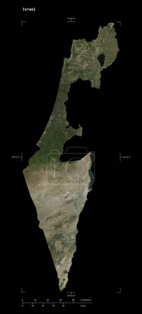 Shape of a high resolution satellite map of the Israel, with distance scale and map border coordinates, isolated on black